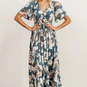 Baltic Born Dress Women's XL Blue Floral Wrap Maxi Satin Sicily Blue bridesmaid